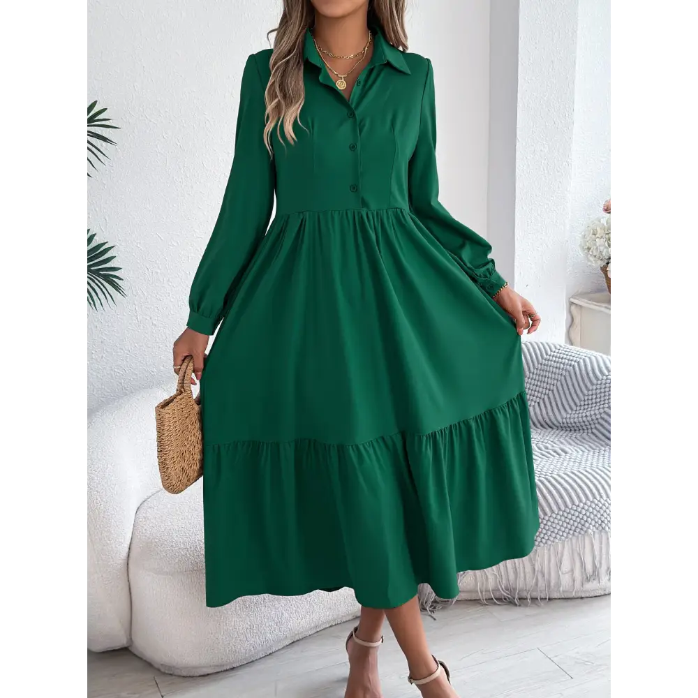 Women’s Lapel Casual Loose Long Sleeve Ruffled Shirt Dresses Long Sleeved Turn-down Collar Single-Breasted Dress Spring