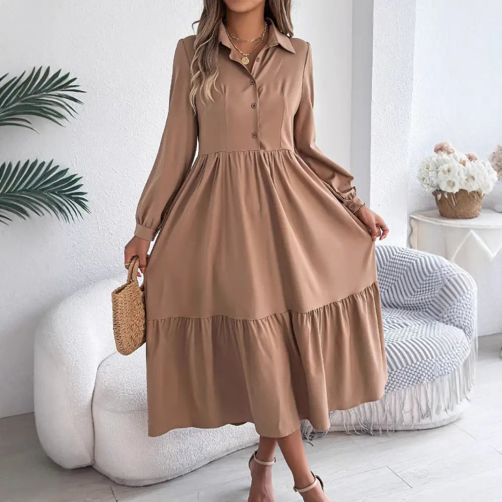 Women’s Lapel Casual Loose Long Sleeve Ruffled Shirt Dresses Long Sleeved Turn-down Collar Single-Breasted Dress Spring