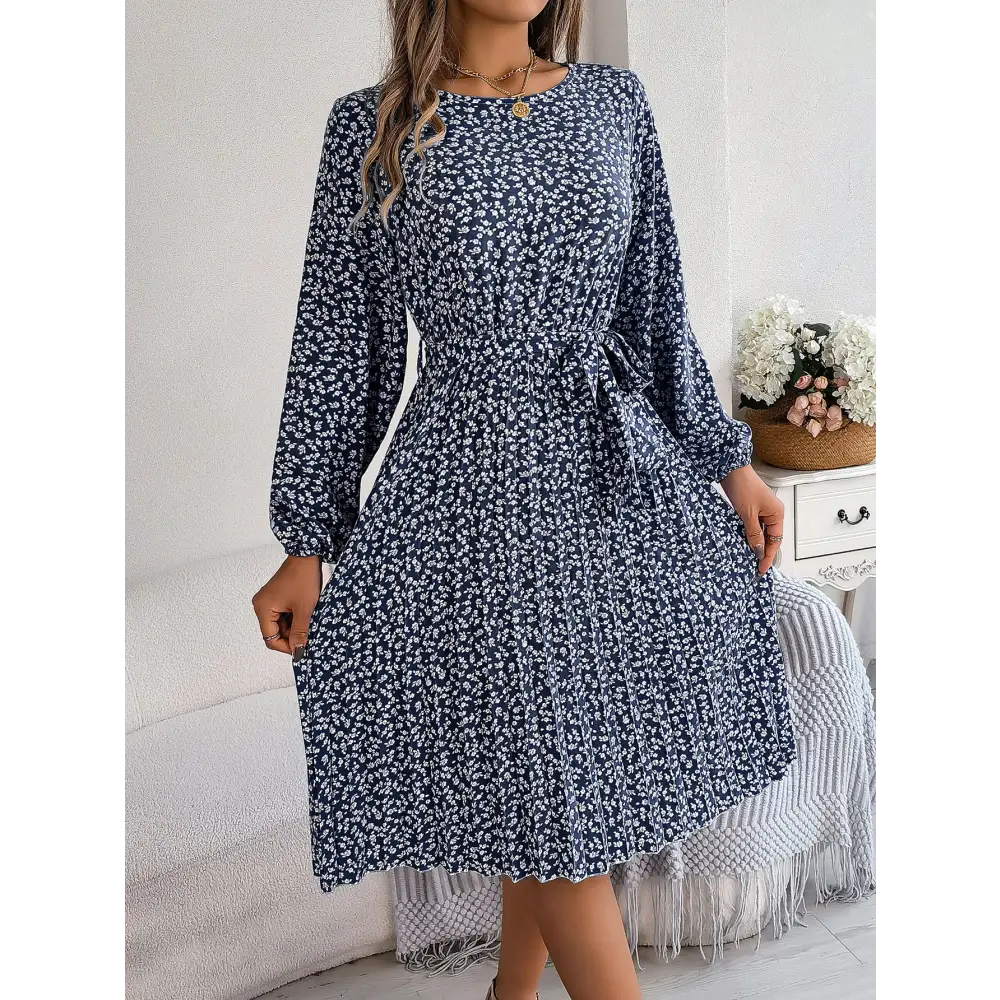 Women’s Long-sleeved Floral Print Pleated Skirt - Dark Blue / S