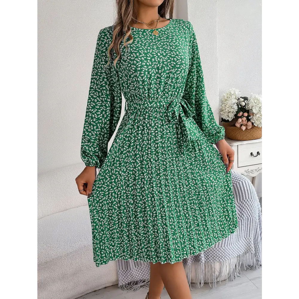 Women’s Long-sleeved Floral Print Pleated Skirt - Green / S