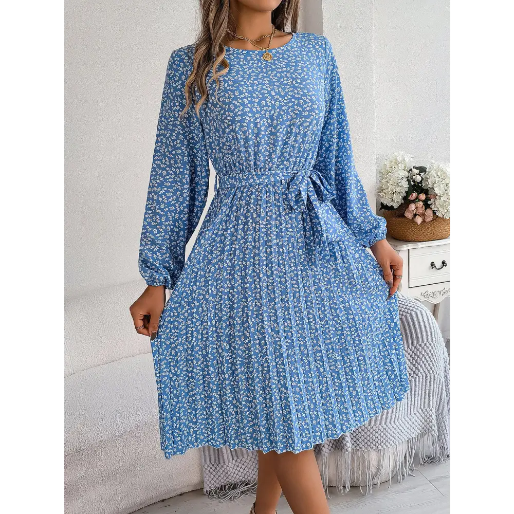 Women’s Long-sleeved Floral Print Pleated Skirt - Light Blue / S