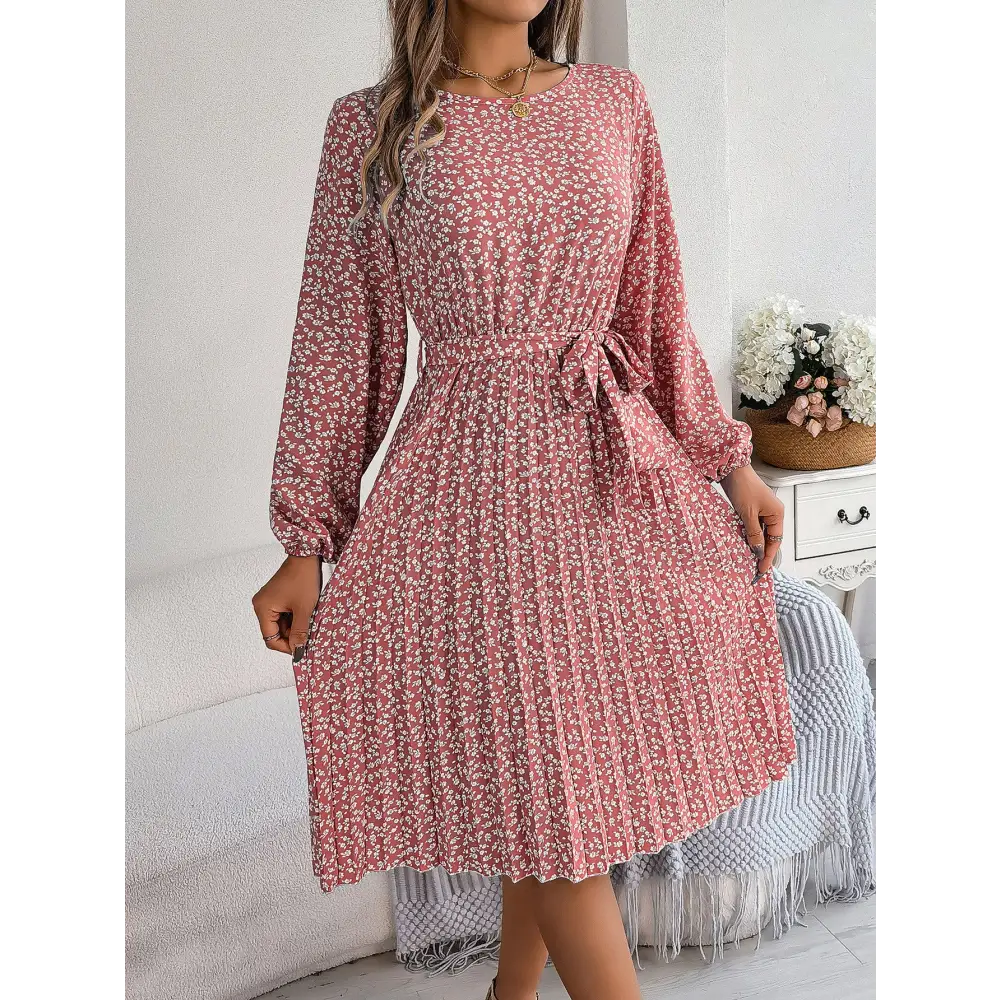 Women’s Long-sleeved Floral Print Pleated Skirt - Pink / S