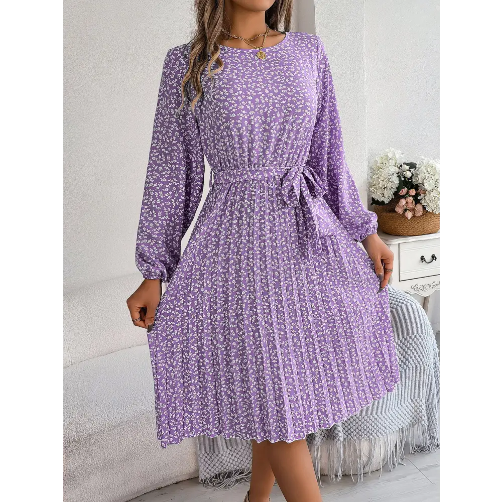 Women’s Long-sleeved Floral Print Pleated Skirt - Purple / S