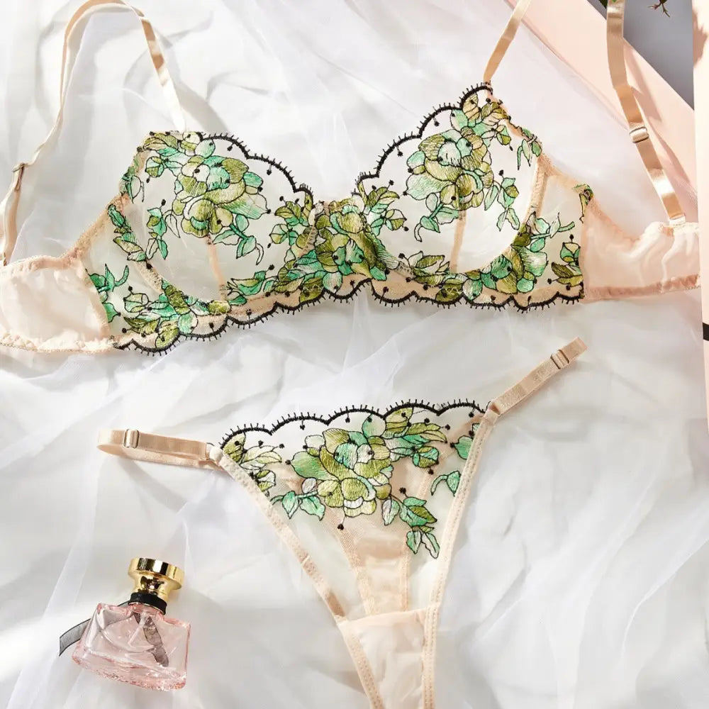Women’s Mesh Multi-color Embroidery Transparent Underwear Suit