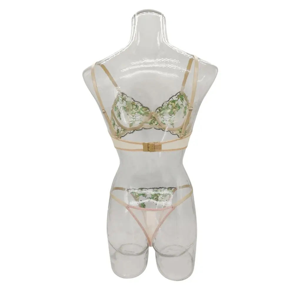 Women’s Mesh Multi-color Embroidery Transparent Underwear Suit