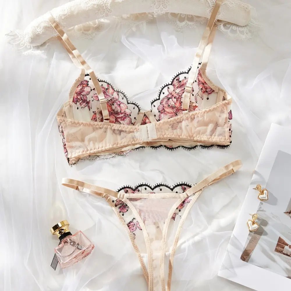 Women’s Mesh Multi-color Embroidery Transparent Underwear Suit