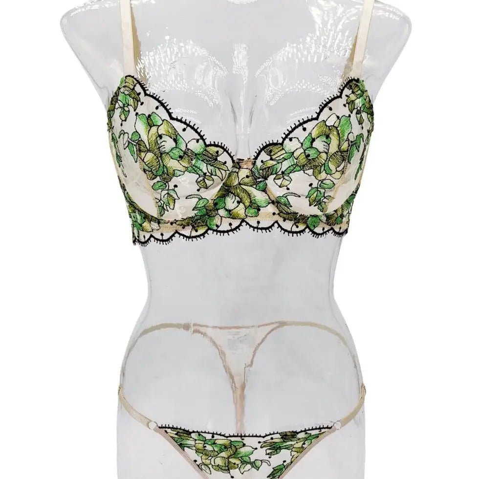 Women’s Mesh Multi-color Embroidery Transparent Underwear Suit