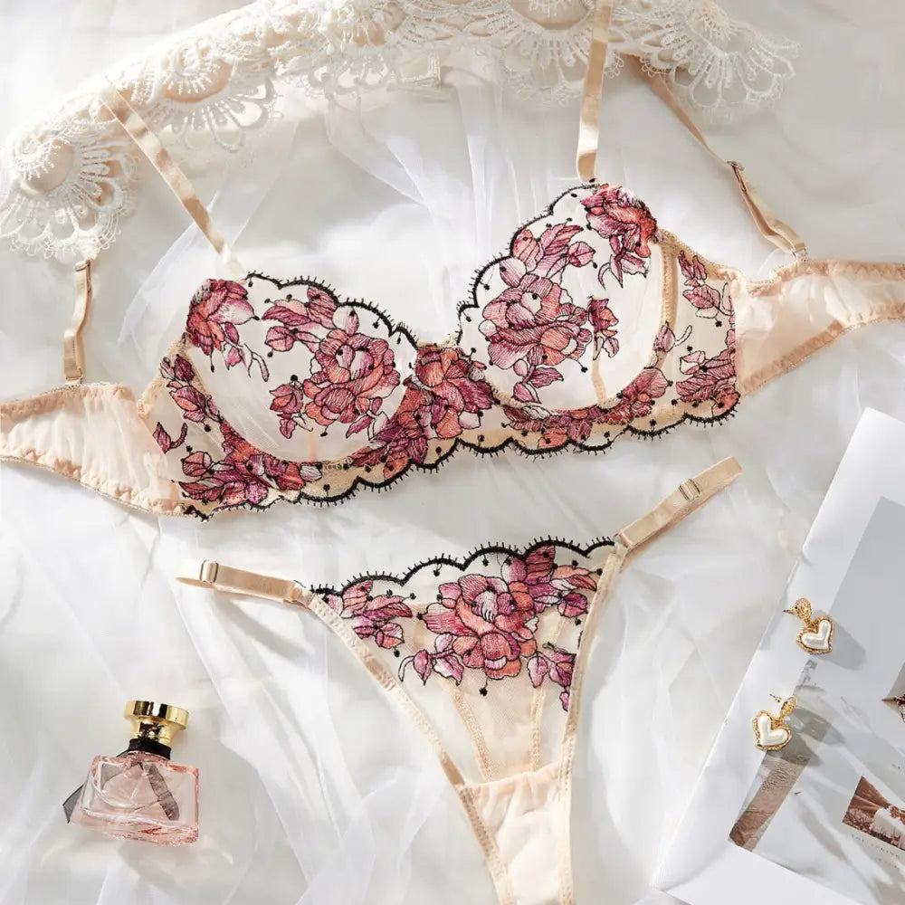 Women’s Mesh Multi-color Embroidery Transparent Underwear Suit