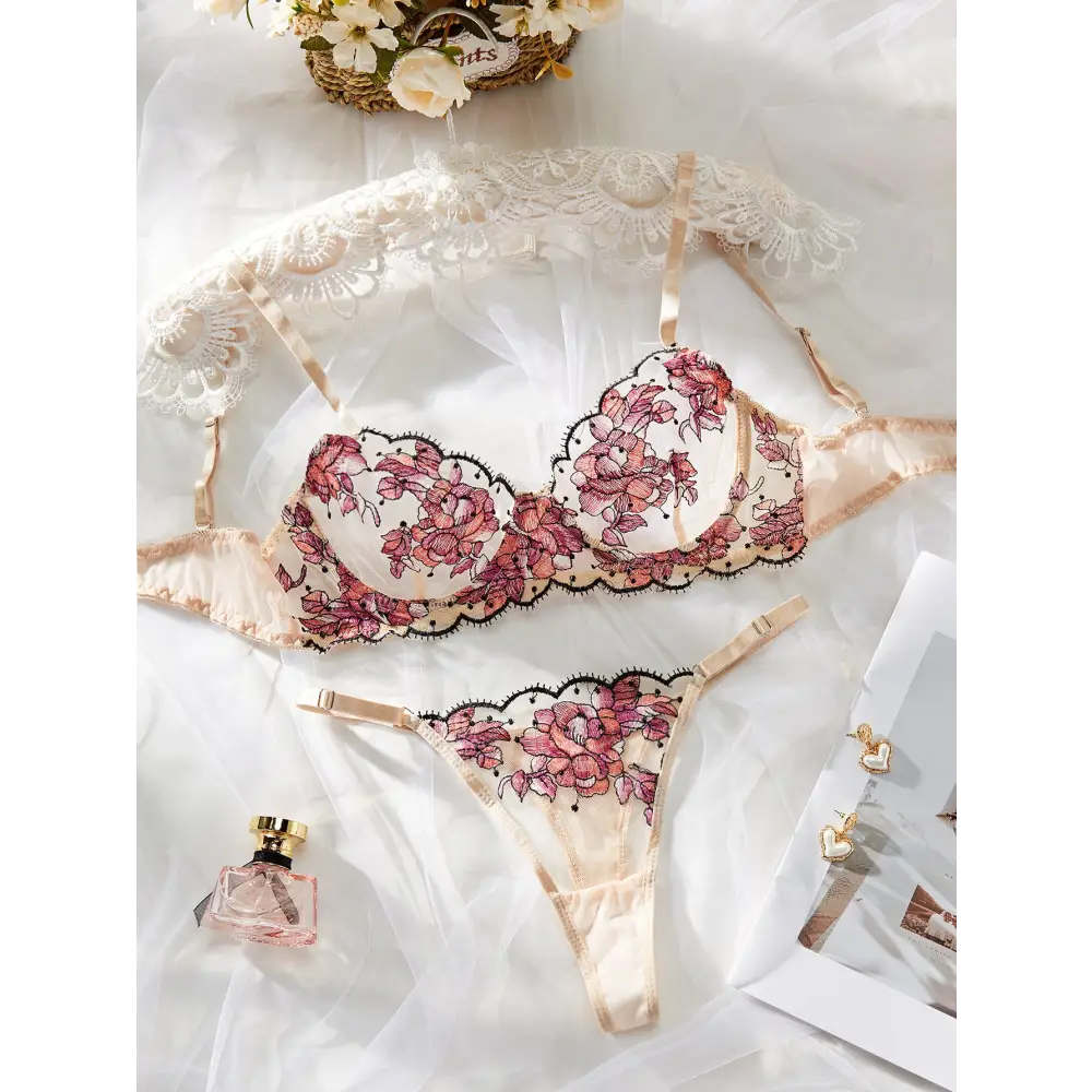Women’s Mesh Multi-color Embroidery Transparent Underwear Suit - Rose Red / S