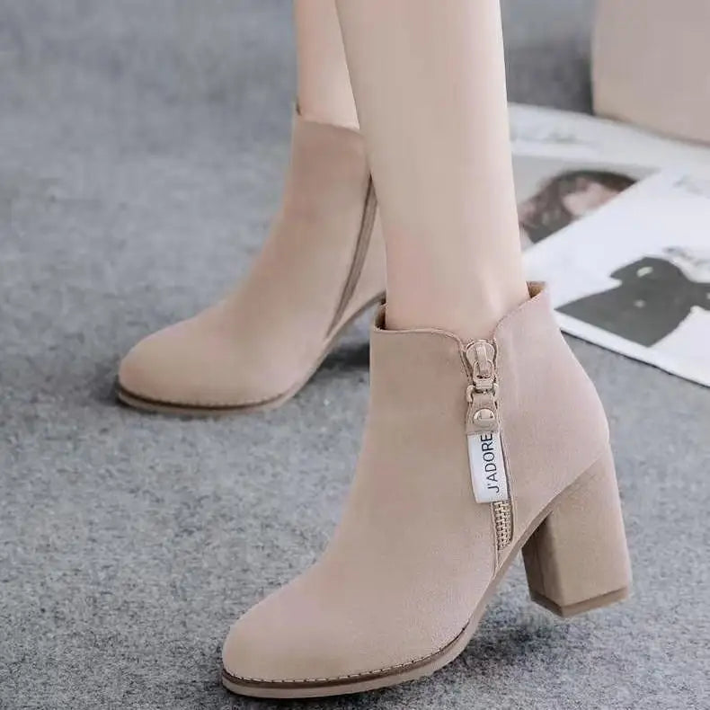 Women’s Mid-Calf Warm PU Short Boots with Rubber Sole - Apricot / 35