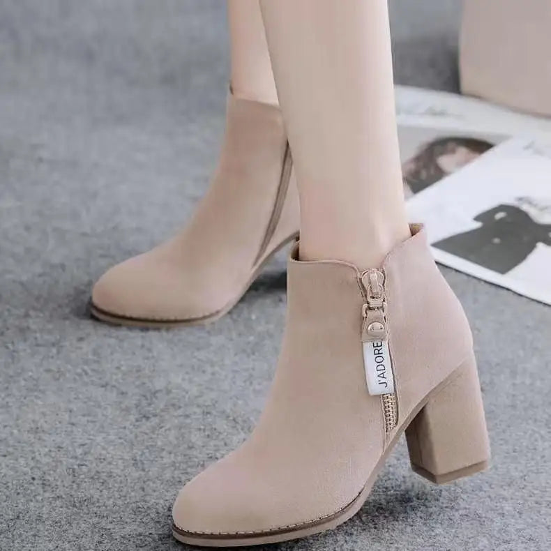 Women’s Mid-Calf Warm PU Short Boots with Rubber Sole - Beige Plus Velvet / 35