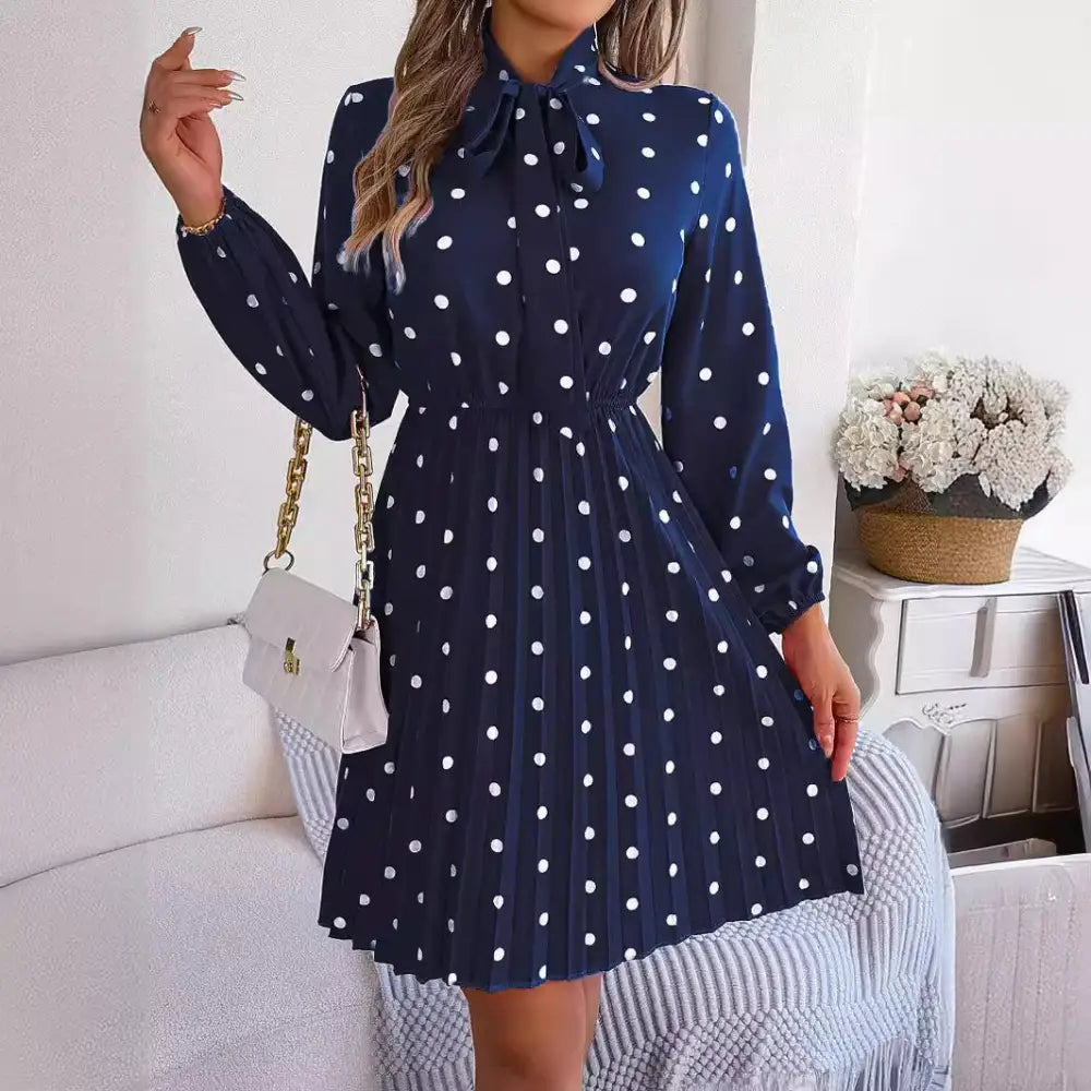 Women’s Polka-dot Self-tie Waist-controlled Long Sleeves Pleated Skirt - Navy Blue / S