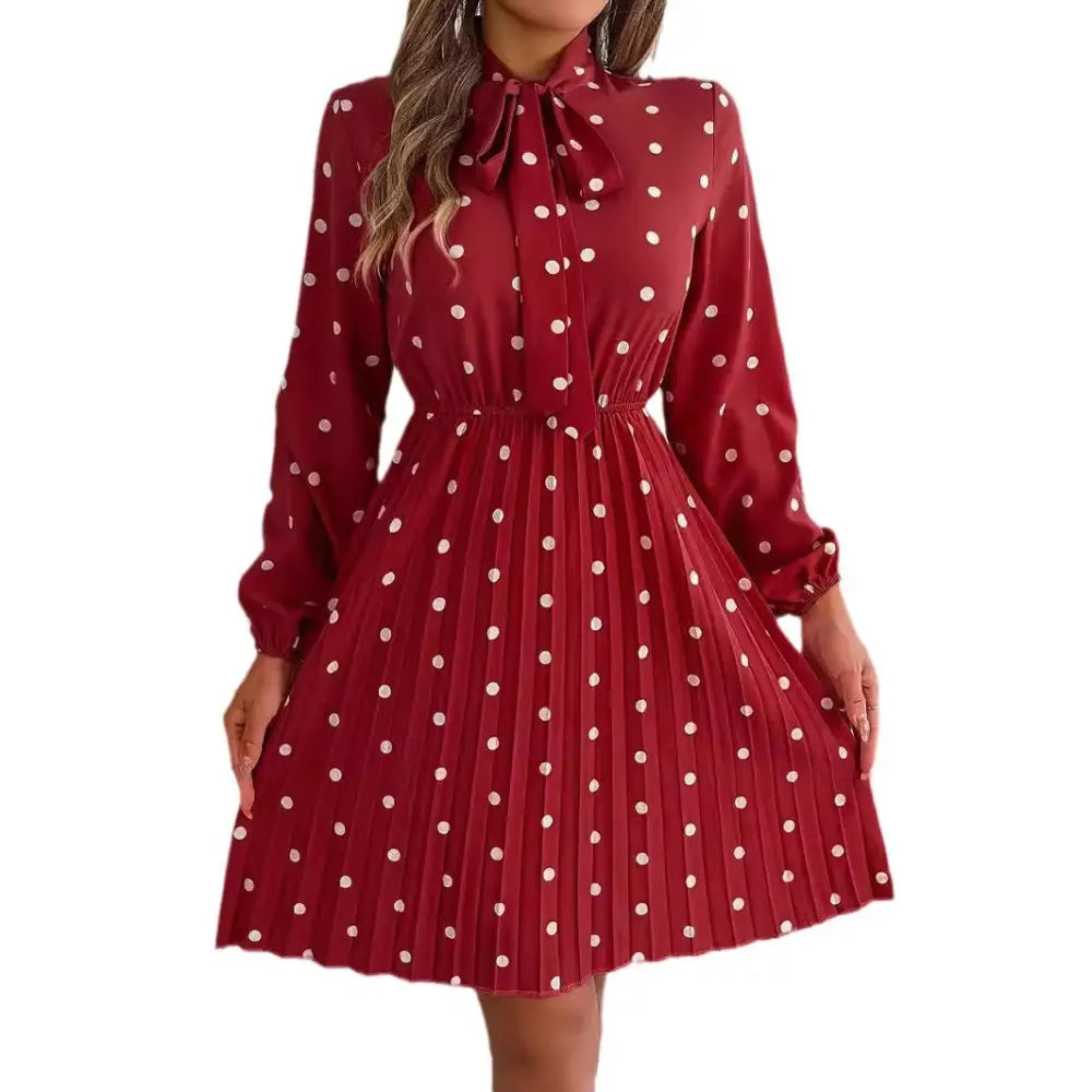 Women’s Polka-dot Self-tie Waist-controlled Long Sleeves Pleated Skirt - Red / S
