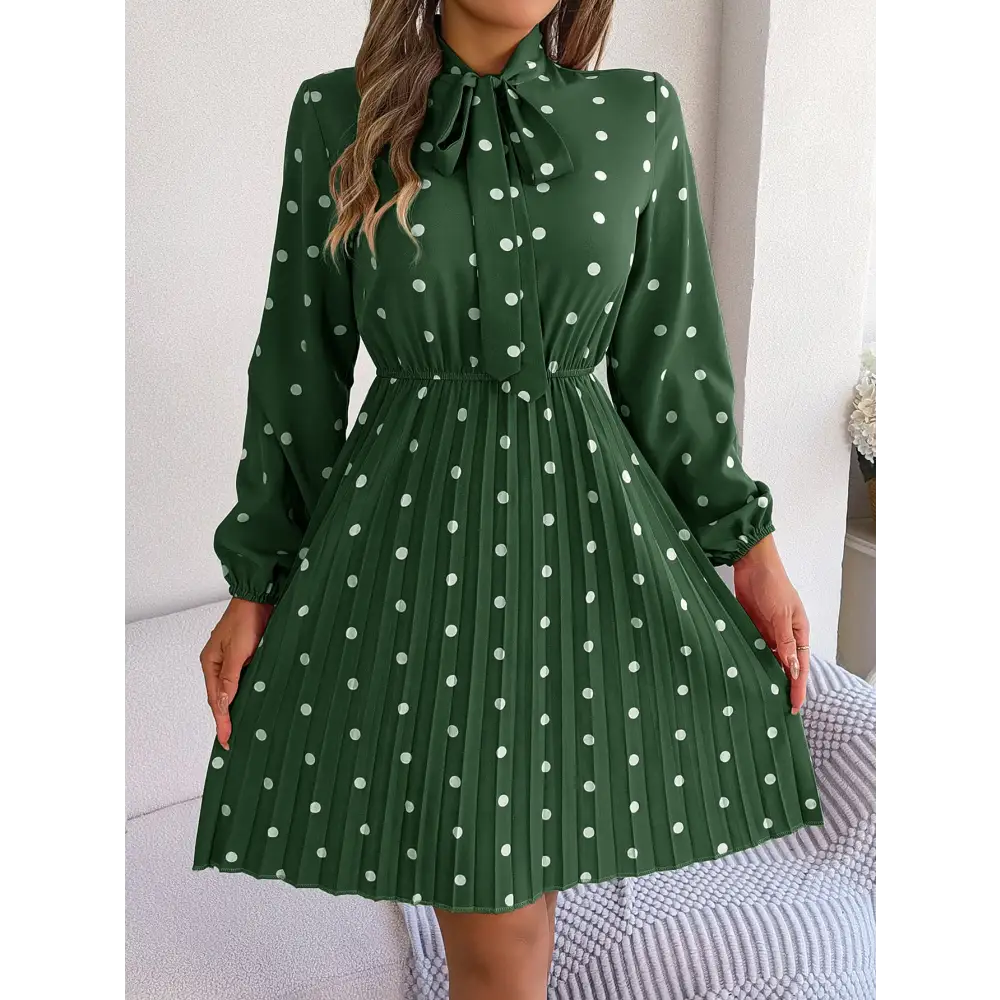 Women’s Polka-dot Self-tie Waist-controlled Long Sleeves Pleated Skirt - Green / S