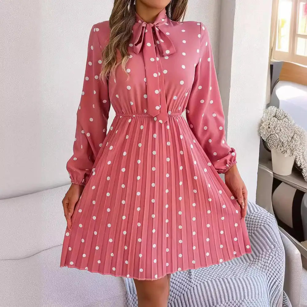 Women’s Polka-dot Self-tie Waist-controlled Long Sleeves Pleated Skirt - Pink / S