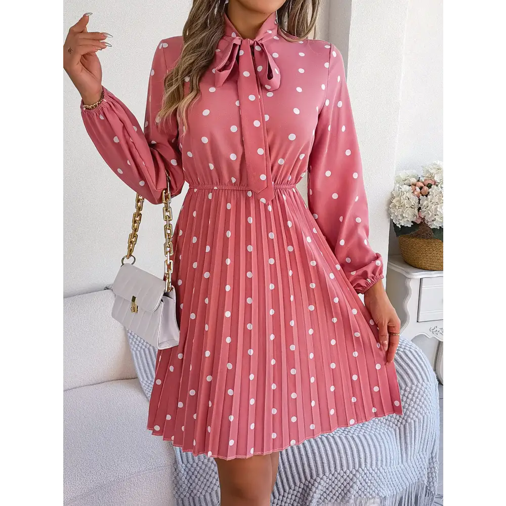 Women’s Polka-dot Self-tie Waist-controlled Long Sleeves Pleated Skirt
