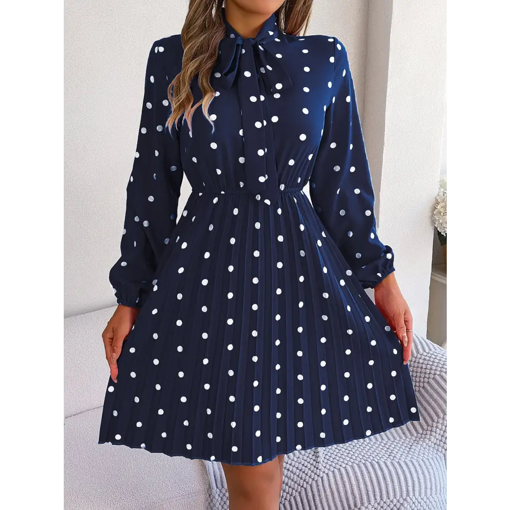 Women’s Polka-dot Self-tie Waist-controlled Long Sleeves Pleated Skirt