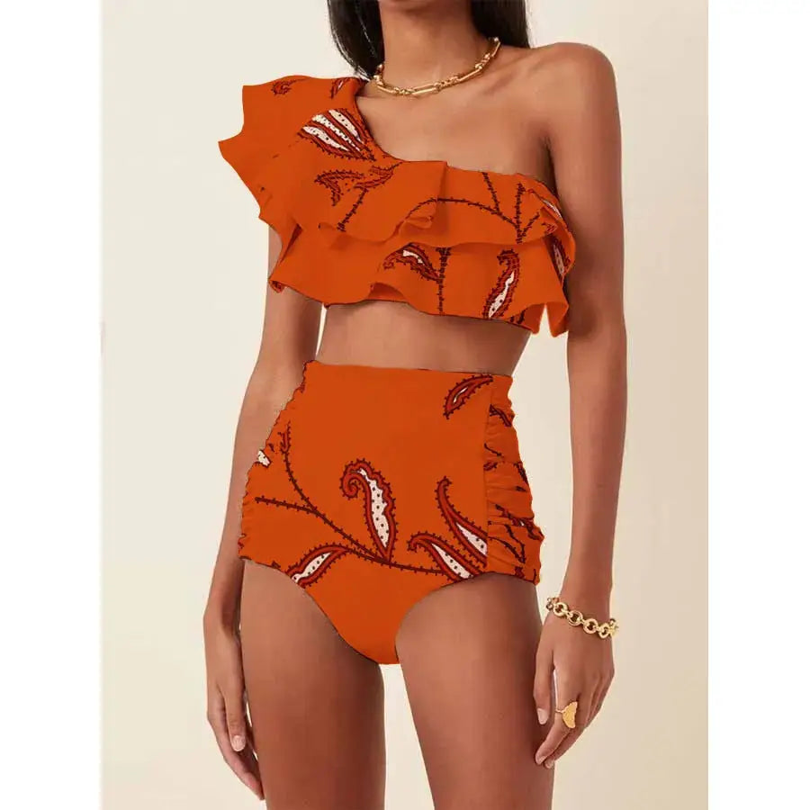 Women’s Printed Oblique Shoulder Ruffles High Waist Bikini Suit - Orange / S