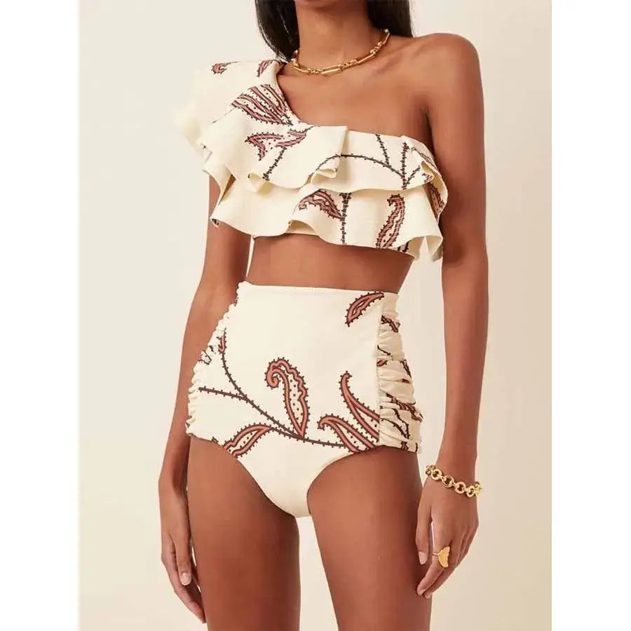 Women’s Printed Oblique Shoulder Ruffles High Waist Bikini Suit - Beige / S