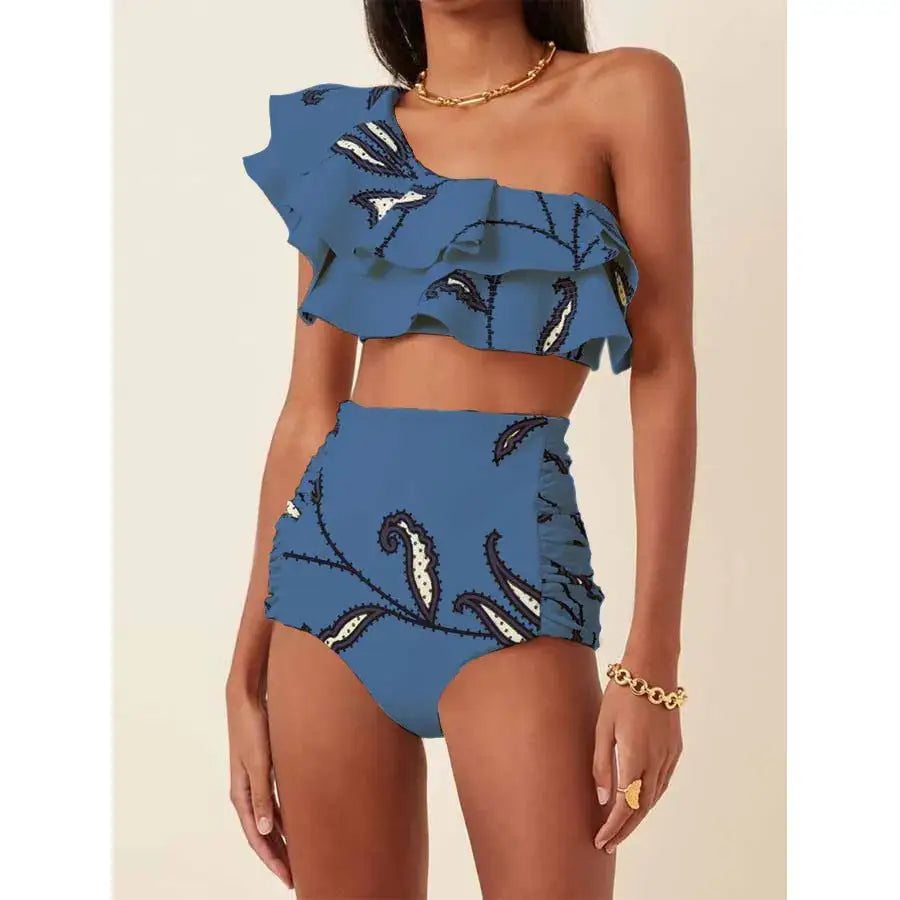 Women’s Printed Oblique Shoulder Ruffles High Waist Bikini Suit - Blue / S