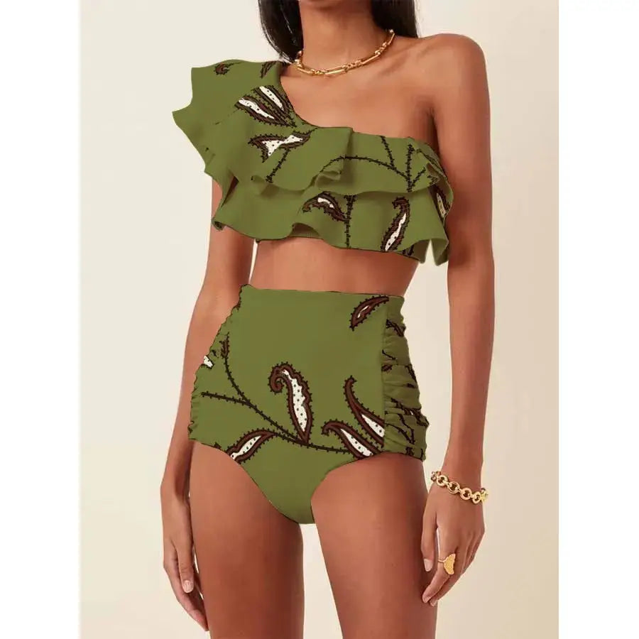 Women’s Printed Oblique Shoulder Ruffles High Waist Bikini Suit - Green / S