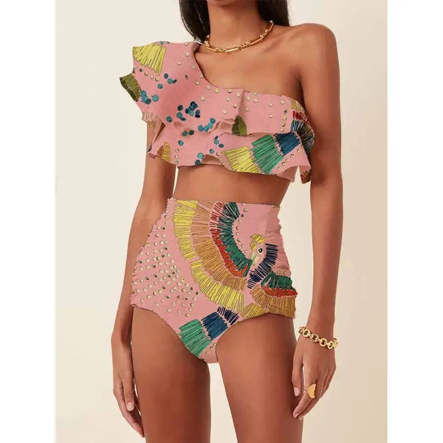 Women’s Printed Oblique Shoulder Ruffles High Waist Bikini Suit - Pink / S