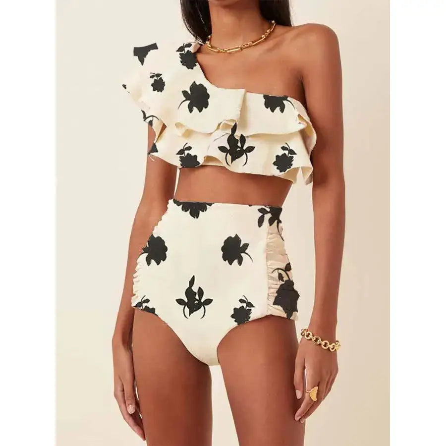 Women’s Printed Oblique Shoulder Ruffles High Waist Bikini Suit - White / S