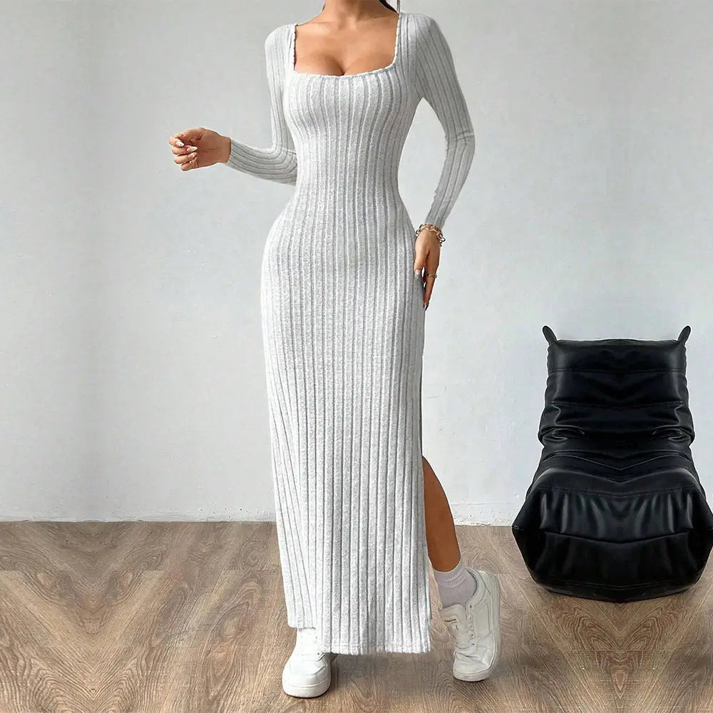 Women’s Simple Square Collar Backless Dress - Gray / S