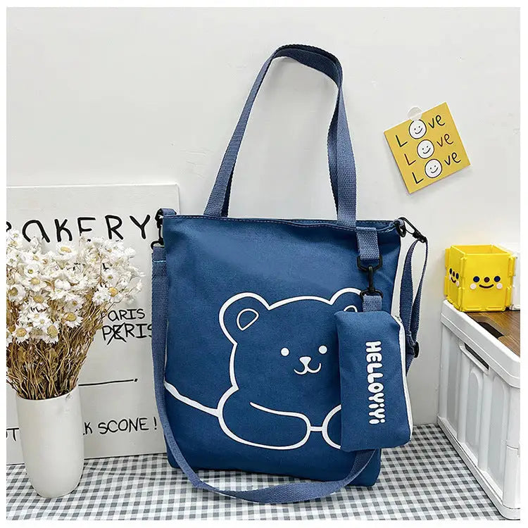Women’s Soft Canvas Handbag with Outer Bag and Sandwich Pocket - Blue