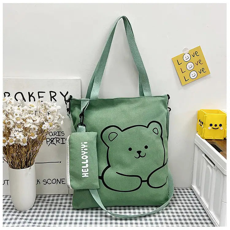 Women’s Soft Canvas Handbag with Outer Bag and Sandwich Pocket - Green