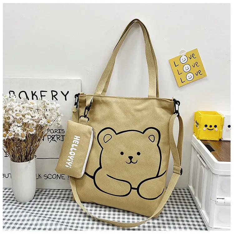Women’s Soft Canvas Handbag with Outer Bag and Sandwich Pocket - Khaki