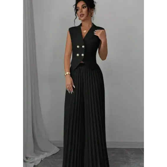 Black sleeveless vest and pleated pants outfit.