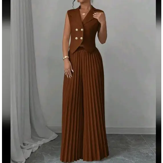 Brown pleated pantsuit.