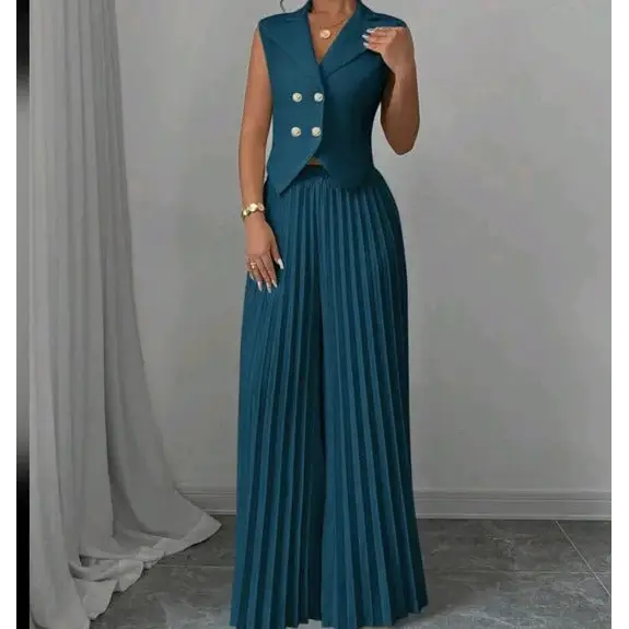Teal pleated pantsuit.