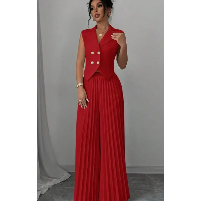 Red pleated palazzo pantsuit.