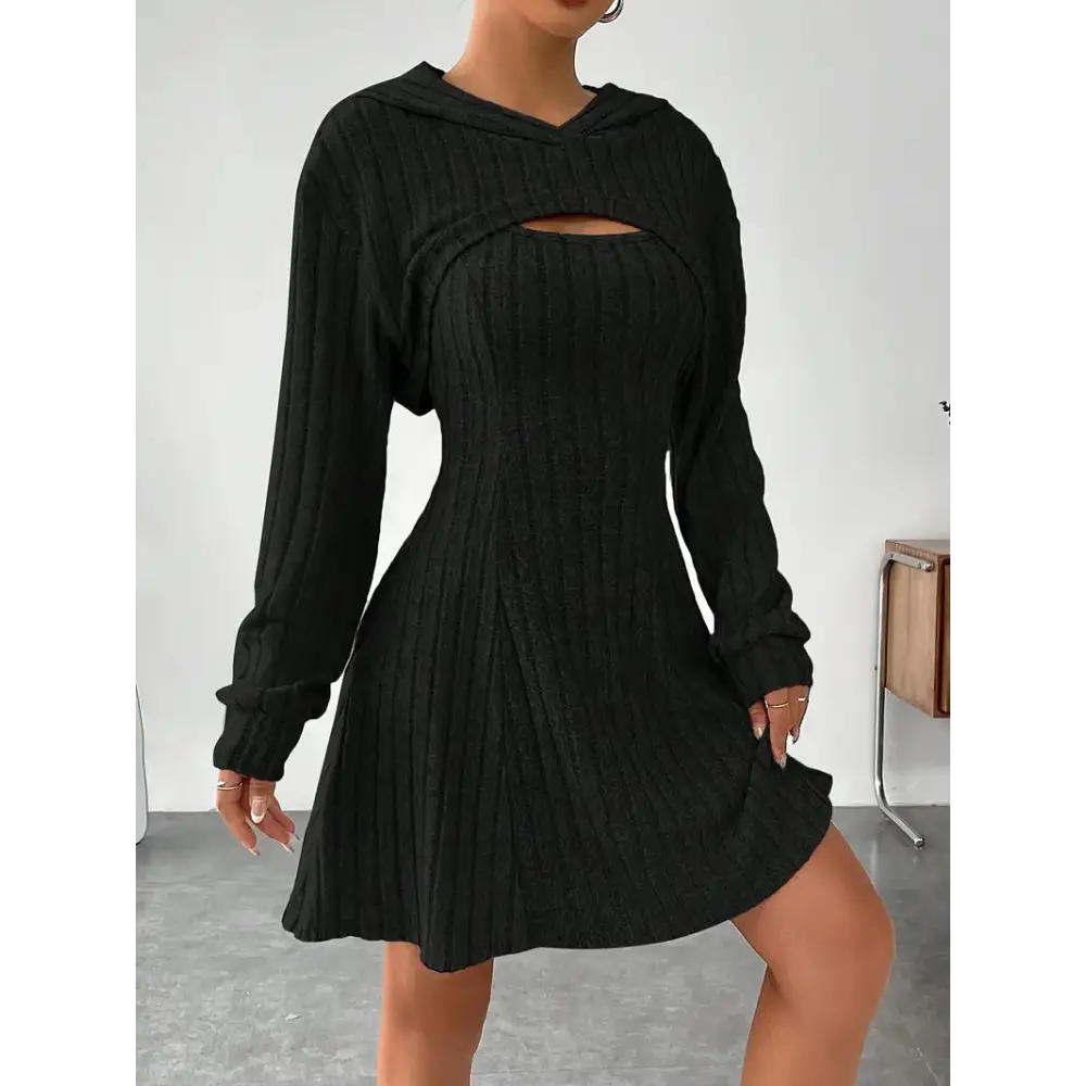 Women’s Two-piece Set Dresses New Fashion Fall Winter Hooded Shawl Long-sleeved Vest Short Skirt - Black / S