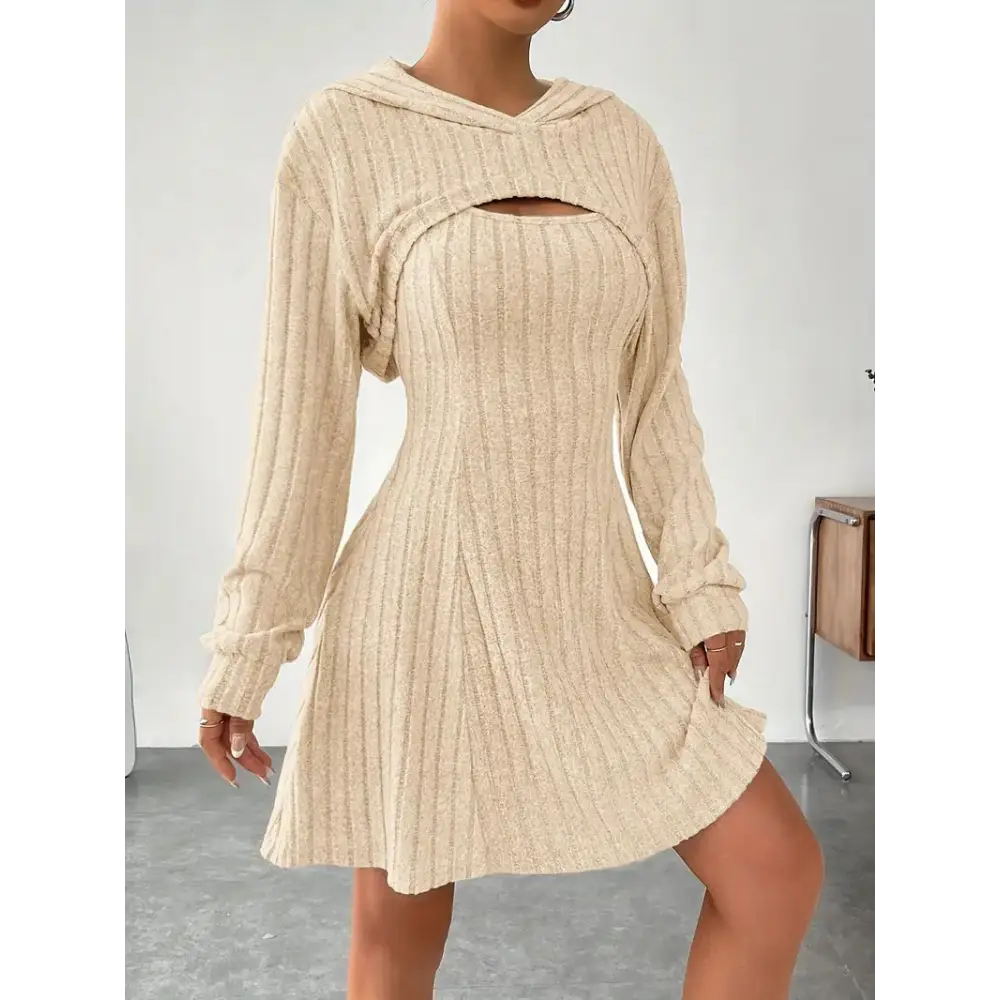 Women’s Two-piece Set Dresses New Fashion Fall Winter Hooded Shawl Long-sleeved Vest Short Skirt - Milky White / S