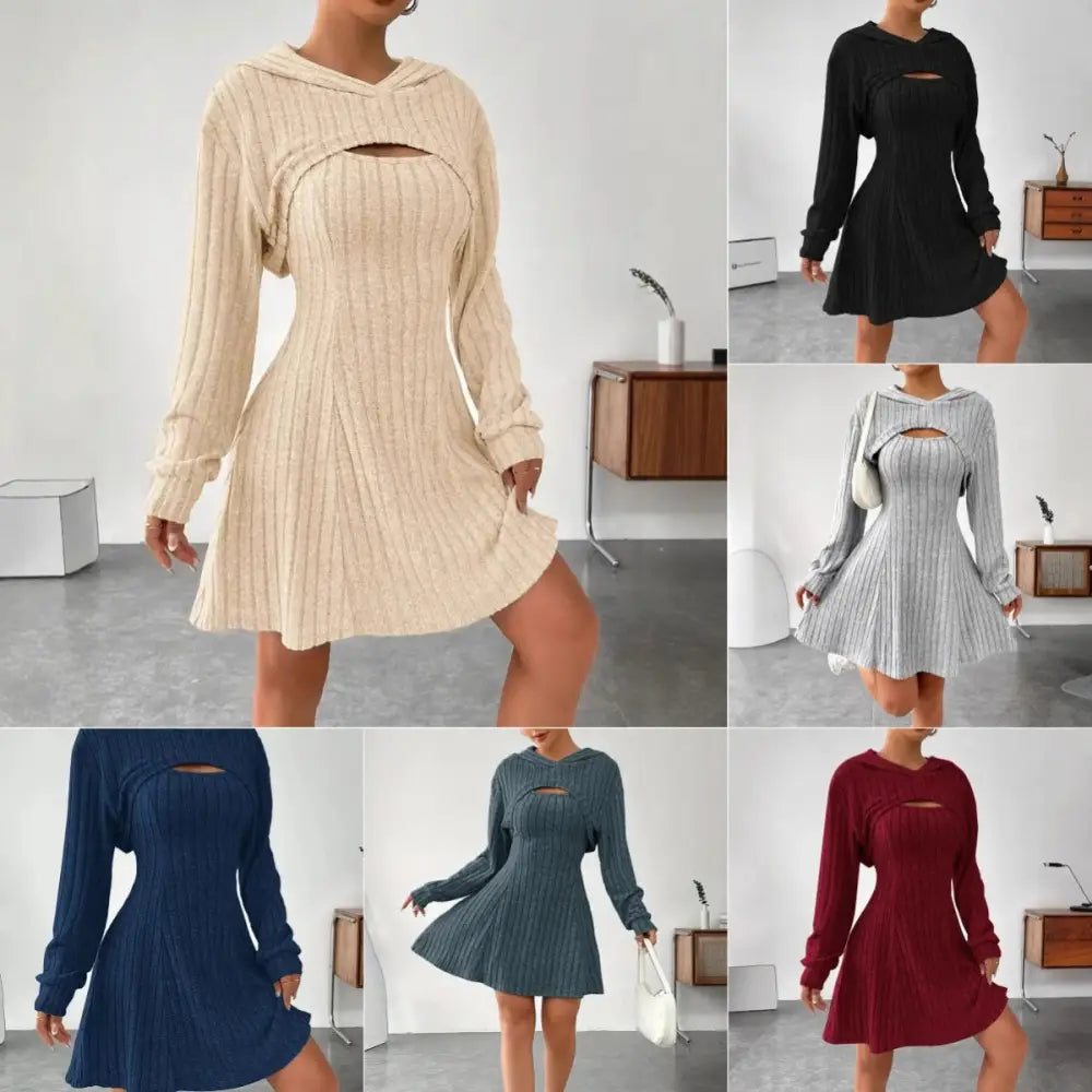 Women’s Two-piece Set Dresses New Fashion Fall Winter Hooded Shawl Long-sleeved Vest Short Skirt