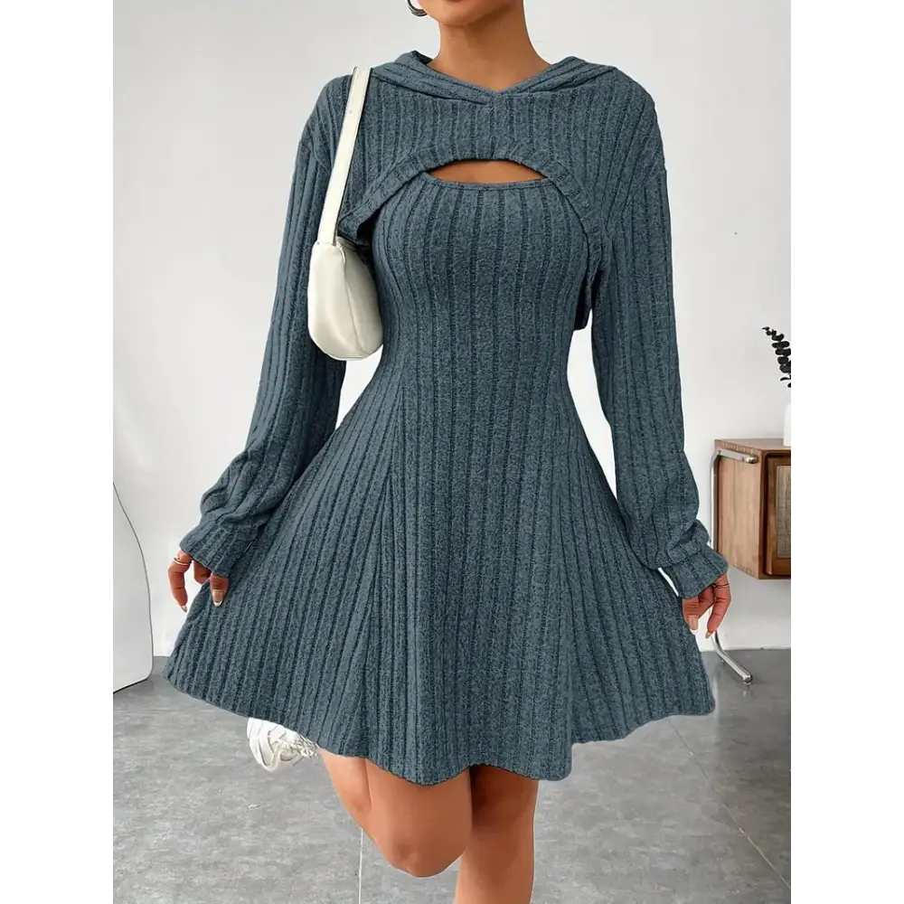 Women’s Two-piece Set Dresses New Fashion Fall Winter Hooded Shawl Long-sleeved Vest Short Skirt - Navy Blue / S