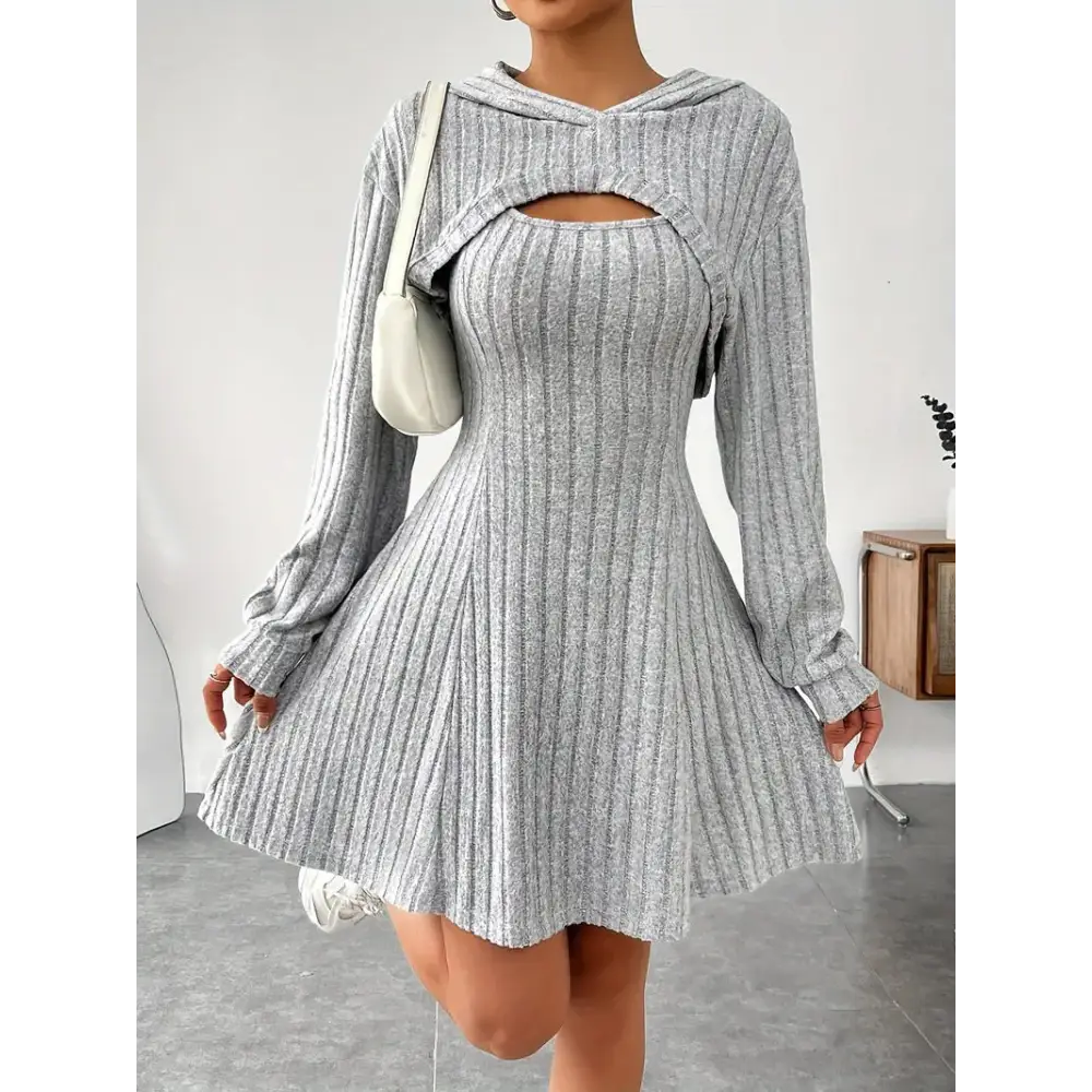 Women’s Two-piece Set Dresses New Fashion Fall Winter Hooded Shawl Long-sleeved Vest Short Skirt - Light Gray / S