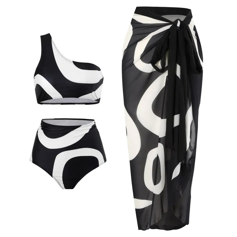 Women’s Two-piece Swimsuit Bikini Wrap Skirt Suit One-shoulder Sexy - Y167 Black Suit / S