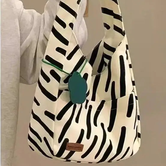 Zebra Stripe and Solid Canvas A4 Lined Shoulder Bag with Ivy Grass Pendant - Zebra Ribbon Pendant / A4 Book With Lining