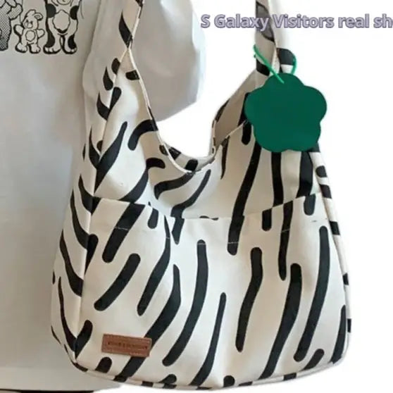 Zebra Stripe and Solid Canvas A4 Lined Shoulder Bag with Ivy Grass Pendant