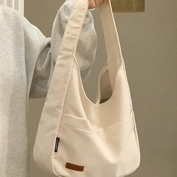 Zebra Stripe and Solid Canvas A4 Lined Shoulder Bag with Ivy Grass Pendant - Off White Without Pendant / A4 Book