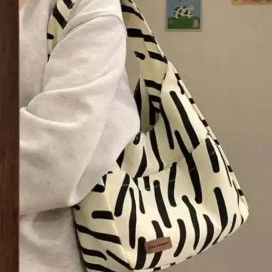 Zebra Stripe and Solid Canvas A4 Lined Shoulder Bag with Ivy Grass Pendant