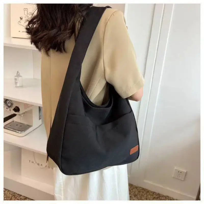 Zebra Stripe and Solid Canvas A4 Lined Shoulder Bag with Ivy Grass Pendant - Pure Black No Pendant / A4 Book With Lining