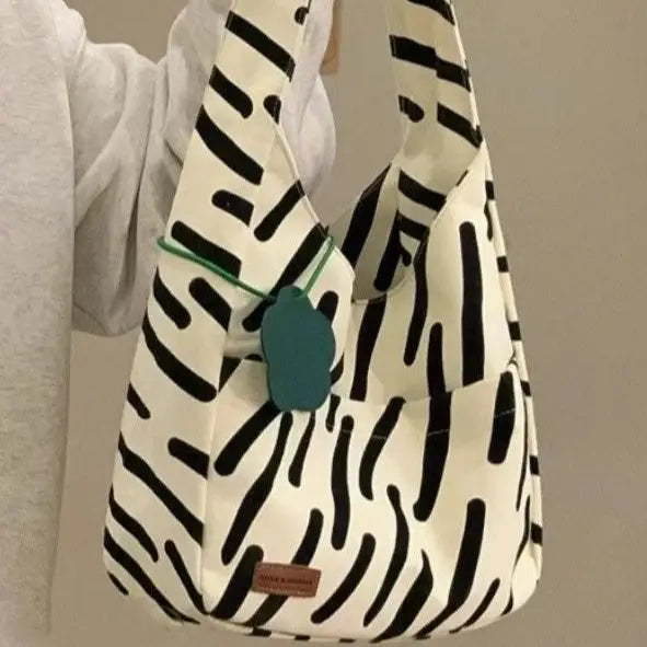 Zebra Stripe and Solid Canvas A4 Lined Shoulder Bag with Ivy Grass Pendant