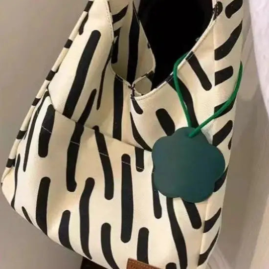 Zebra Stripe and Solid Canvas A4 Lined Shoulder Bag with Ivy Grass Pendant