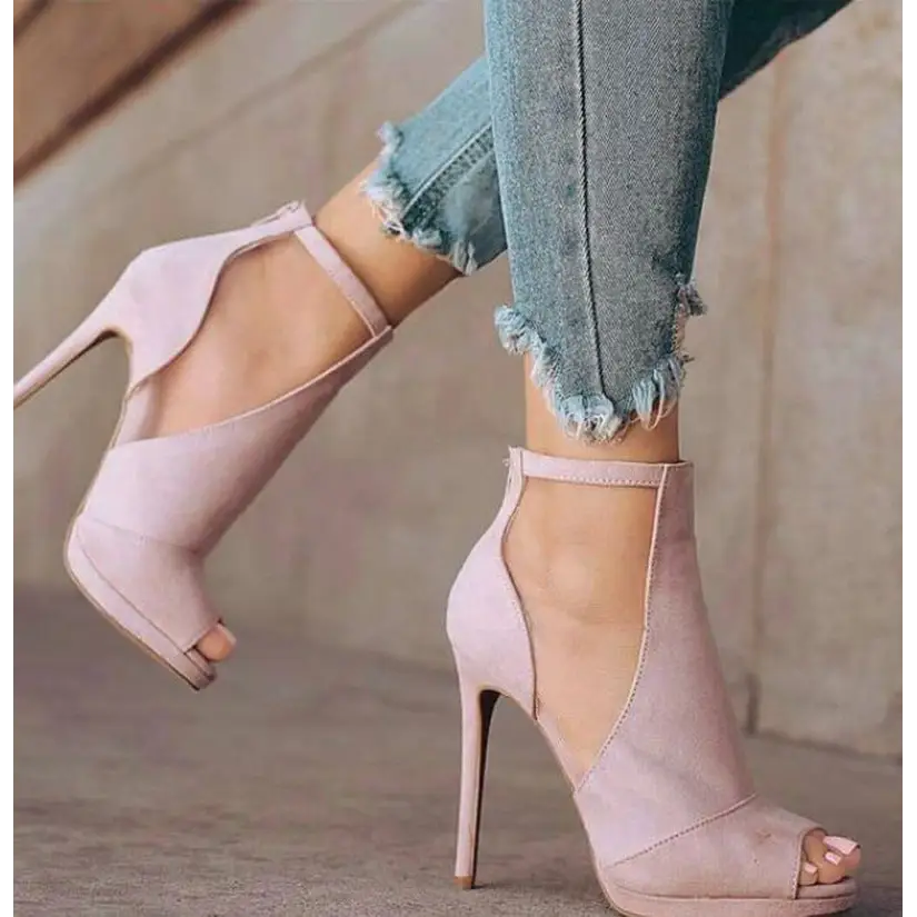 Zip Back Stiletto Sandals - Plus Size - Pink / 34