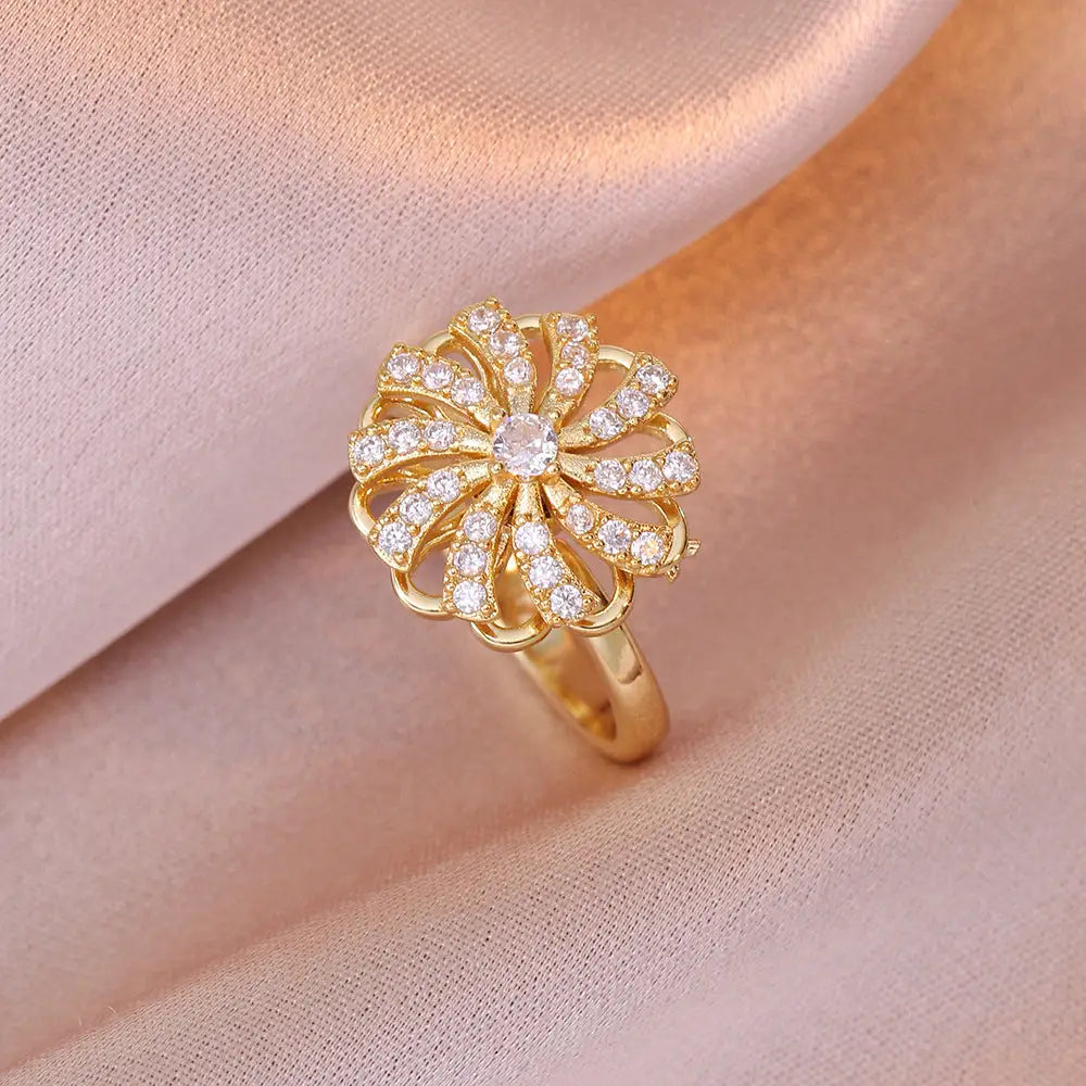 Zircon Flower Necklace Ring with Delicate Sparkling Design - J0352 Gold Flower Ring